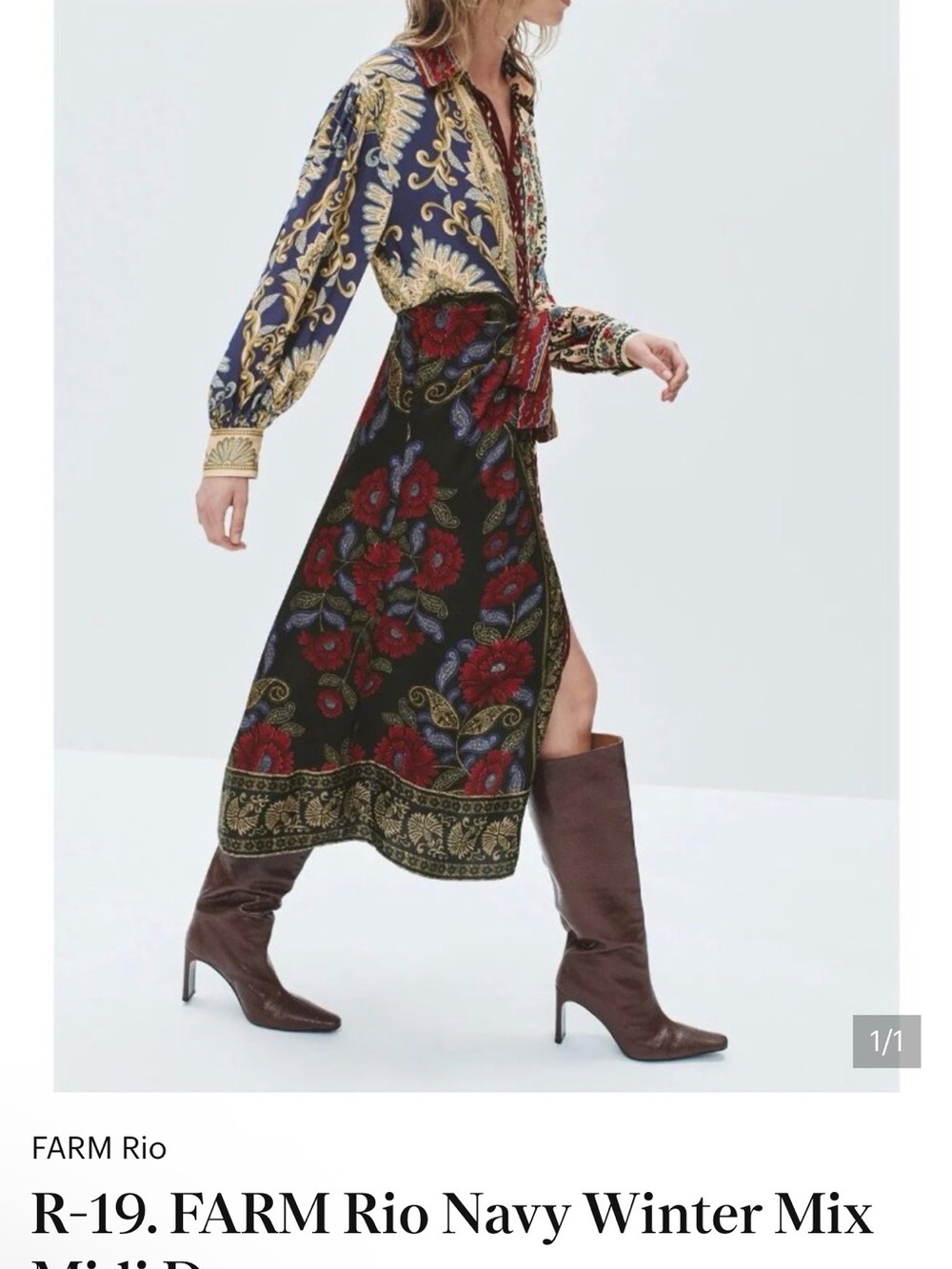 FARM Rio Navy Floral Border Midi Skirt with Red Blooms